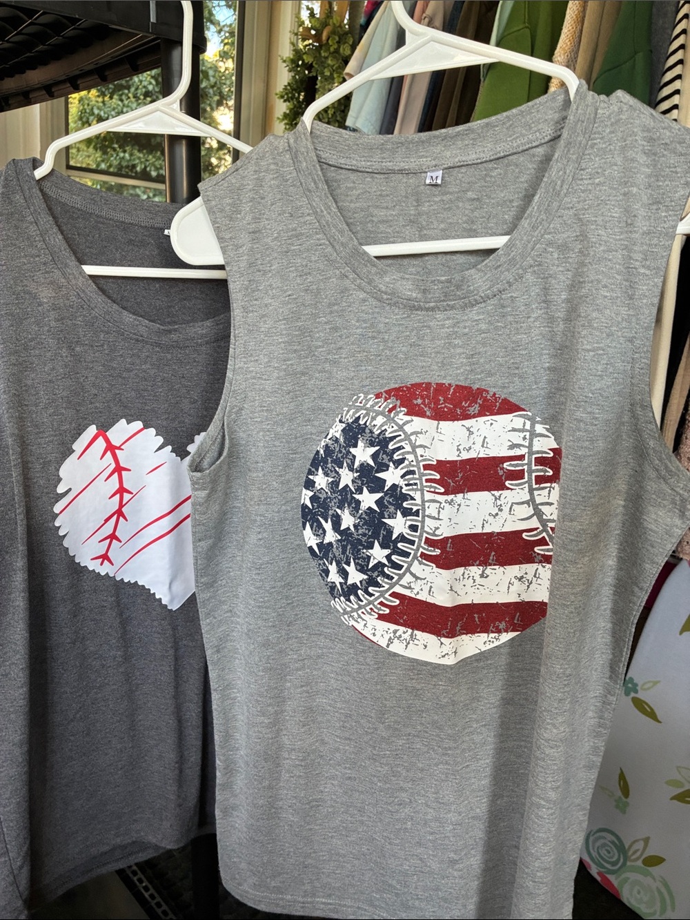 Women’s Gray Sleeveless Baseball Graphic Tank - Patriotic Print and Heart Print